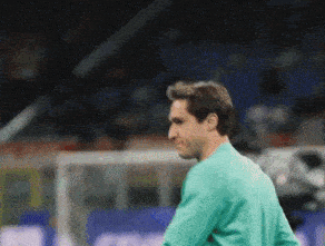 a man in a green shirt is standing in front of a goal