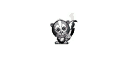 a cartoon skunk with a flower in its mouth .