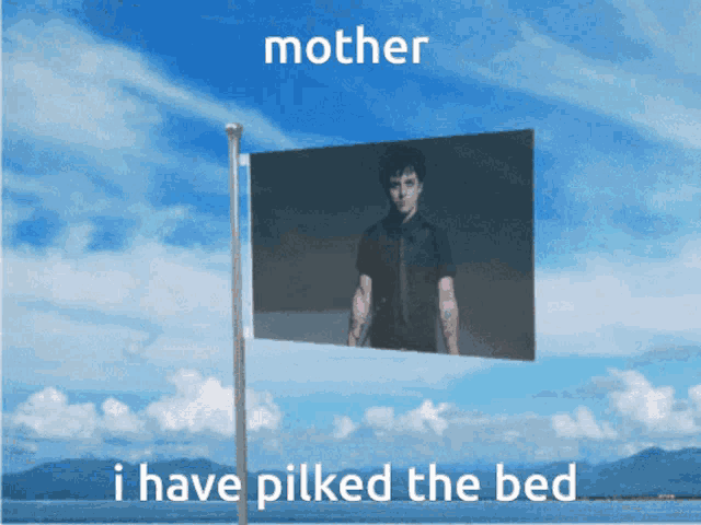 a picture of a man on a flag with the words mother i have pilked the bed