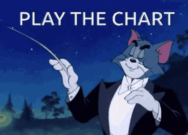 a cartoon of tom the cat holding a conductor 's baton with the words play the chart below him