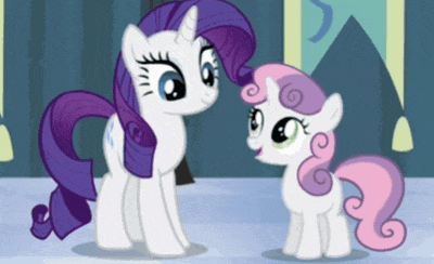 two ponies standing next to each other with purple mane and pink tail