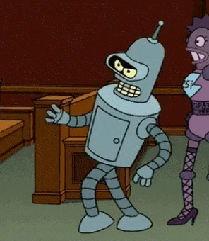 bender from futurama is dancing in a courtroom next to a woman