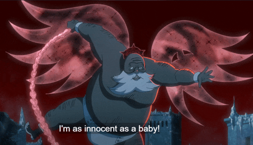 a cartoon of a man with wings and the words i 'm as innocent as a baby