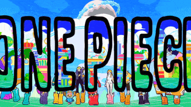 the word one piece is on a blue background with cartoon characters