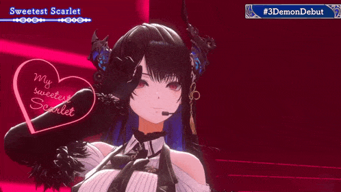 a video game character named sweetest scarlet is on stage