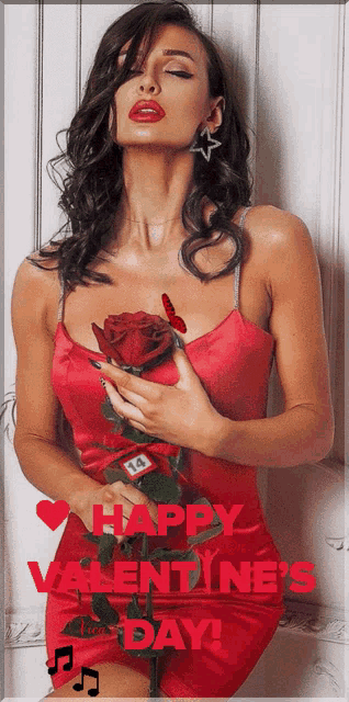 a woman in a red dress is holding a red rose and says happy valentines day