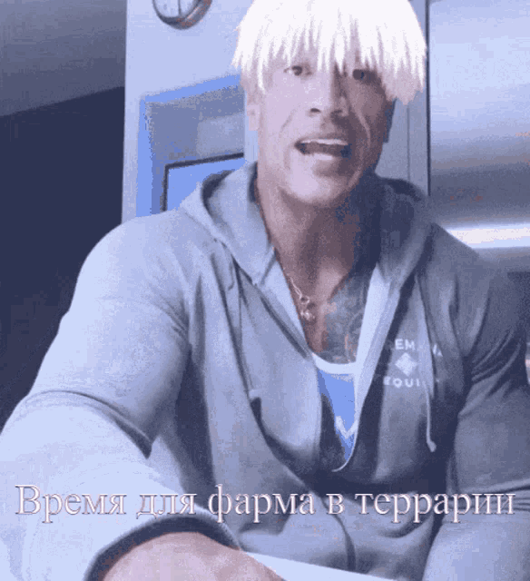 a man wearing a grey hoodie with the words " время для фарма в террари " on it