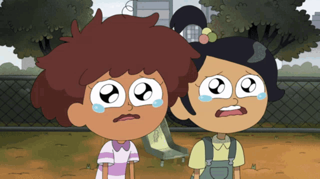 two cartoon characters are standing next to each other and one of them is crying