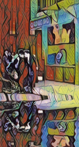 a colorful painting of a grocery store with a sign that says grocery bar on it
