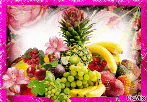 a picture of a variety of fruits and flowers with the words picmix on the bottom right