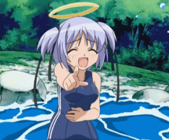 a girl with purple hair and a halo on her head is pointing at the camera