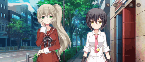 two anime girls are standing next to each other on a sidewalk in front of a building