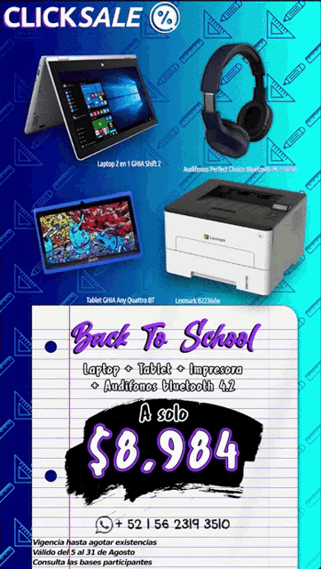 an advertisement for back to school items including a laptop tablet and printer
