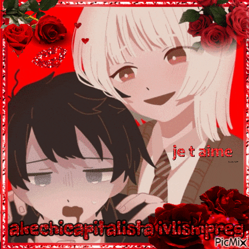 a picture of a boy and a girl with the words je t'aime written on it