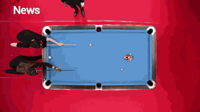 a pool table with the word news on the bottom right