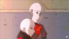 a cartoon of two skeletons hugging each other in a room .