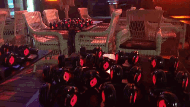 a bunch of headphones are sitting on a table