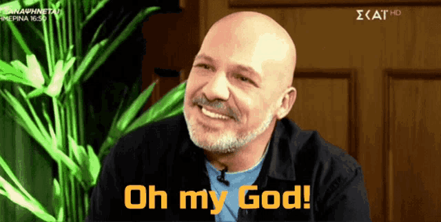 a bald man with a beard is smiling and says " oh my god "