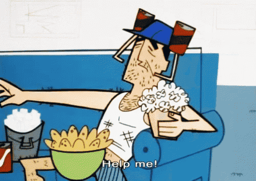 a cartoon of a man sitting on a couch with a bowl of french fries and a can of soda saying help me