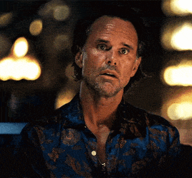a man with a beard is wearing a blue shirt with a pattern on it .