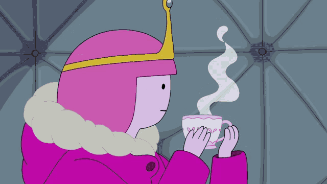 princess bubblegum from adventure time is drinking from a cup with steam coming out of it