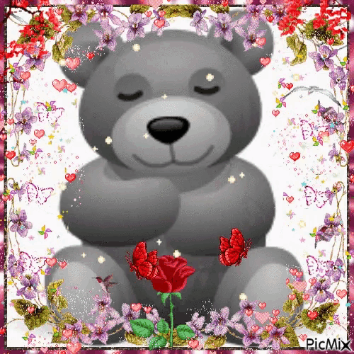 a teddy bear is surrounded by purple flowers and butterflies
