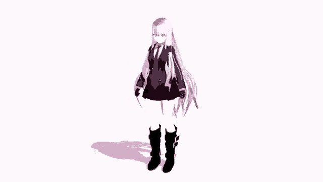 a 3d model of a girl with long pink hair and black boots is dancing .
