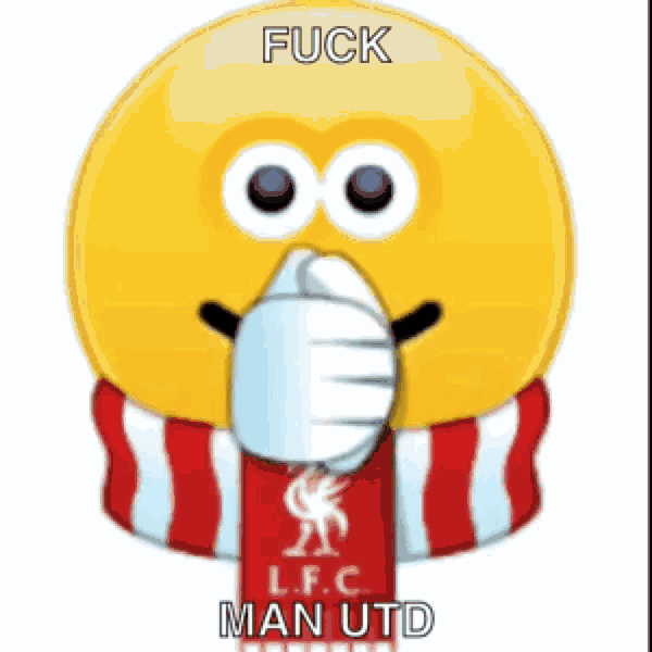 a smiley face wearing a scarf and a shirt that says liverpool man utd