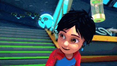 a cartoon boy in a red and blue shirt is standing on a set of stairs