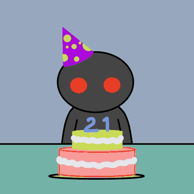 a cartoon drawing of a person blowing out candles on a birthday cake