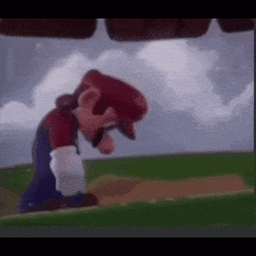 a close up of a cartoon character standing in a field with his head in the dirt .