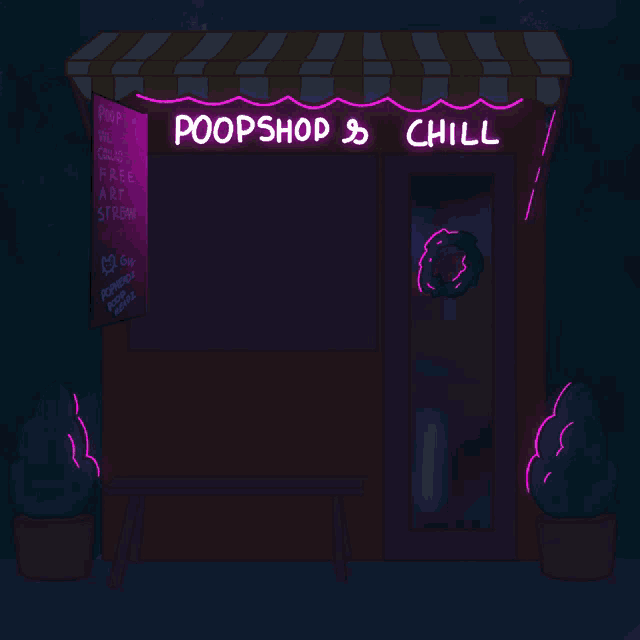 a cartoon drawing of a store called poopshop and chill