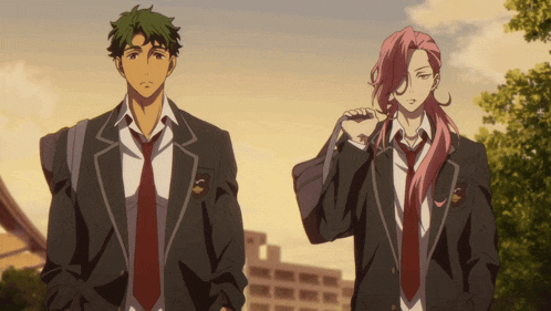 a boy with green hair and a girl with pink hair are walking together