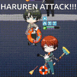 a cartoon character holding a life preserver and a broom with the words haruren attack below him