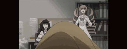 two anime girls standing next to each other in a room