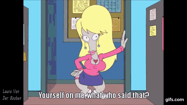 a cartoon of a woman saying " yourself on me "