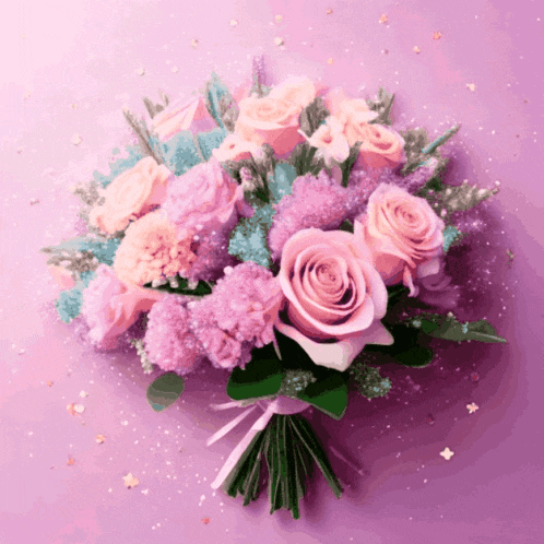 a bouquet of pink and purple flowers against a purple background