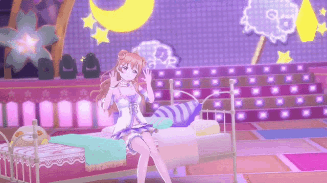 a girl in a white dress is sitting on a bed in a bedroom