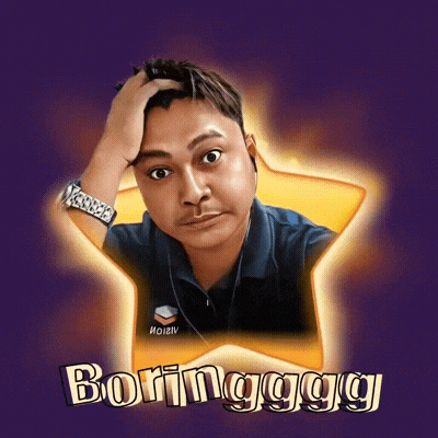 a man with his hand on his head in front of a star with the word boringgg written on it
