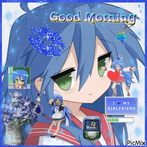 a picture of a girl with blue hair and the words good morning i love my girlfriend