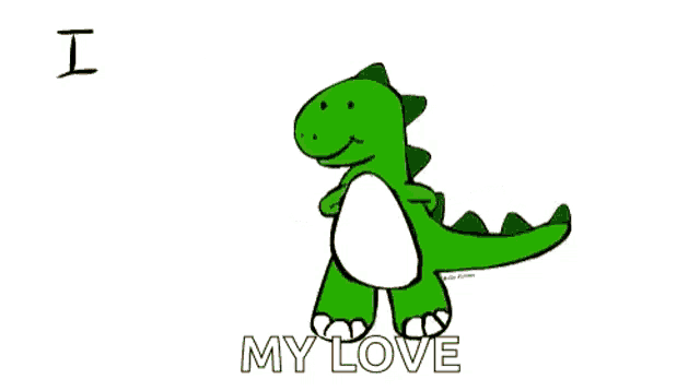 a cartoon of a dinosaur holding a stick with the words i miss you this much my love below it