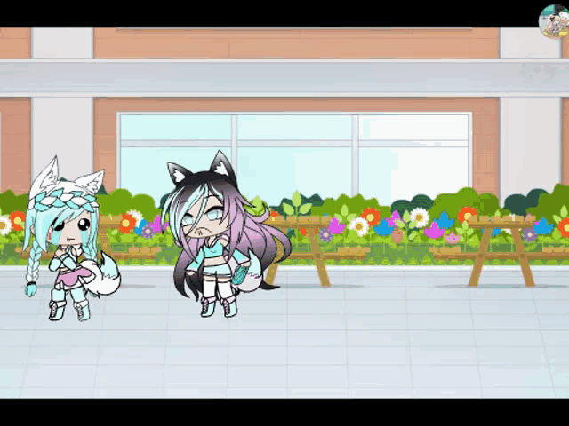 two cartoon girls are standing next to each other in front of a flower garden