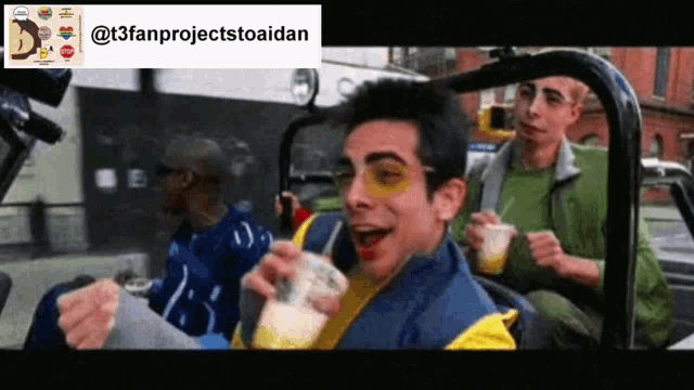 a group of men are sitting in a car drinking milkshakes .