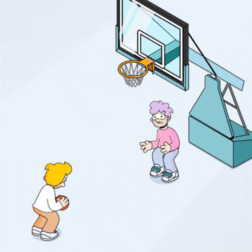a cartoon of a boy throwing a ball into a basketball net
