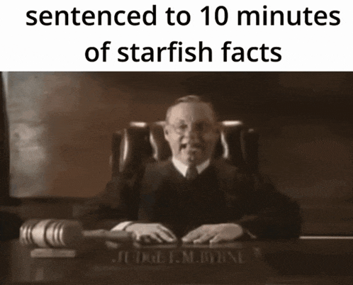a judge sits at a desk with a gavel in front of him and the words sentenced to 10 minutes of starfish facts