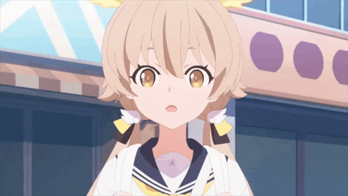a cartoon girl with a surprised look on her face stands in front of a building