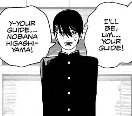 a black and white drawing of a boy in a school uniform talking to someone .