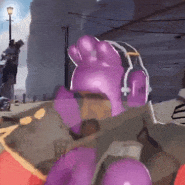 a cartoon character wearing a purple hat and headphones is holding a gun .