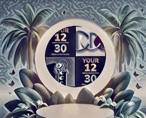 a sign that says your 12 30 is surrounded by palm trees and butterflies