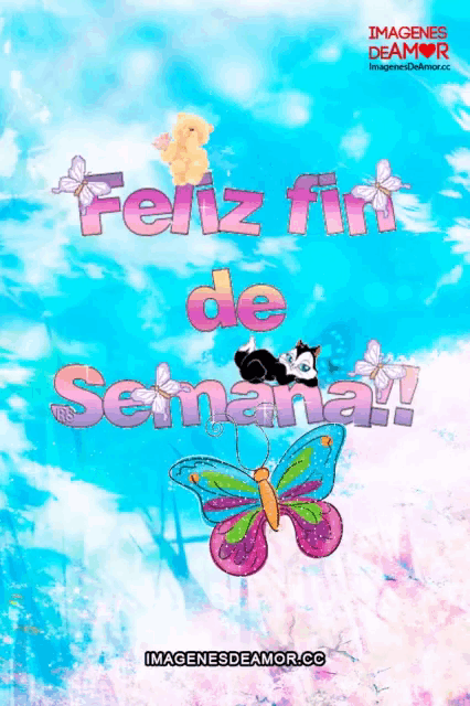 a feliz fin de semana greeting card with a cat and butterfly